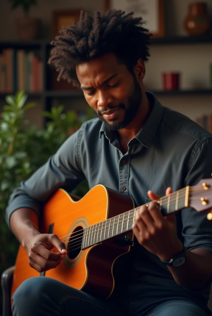 black male, data analyst playing guitar player
