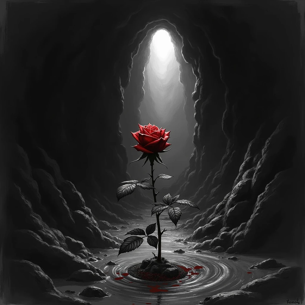 A bloody rosebud reaches towards the hole,dark deep pit,There is only a glimmer of light at the far entrance of the cave, Black and white, sketch