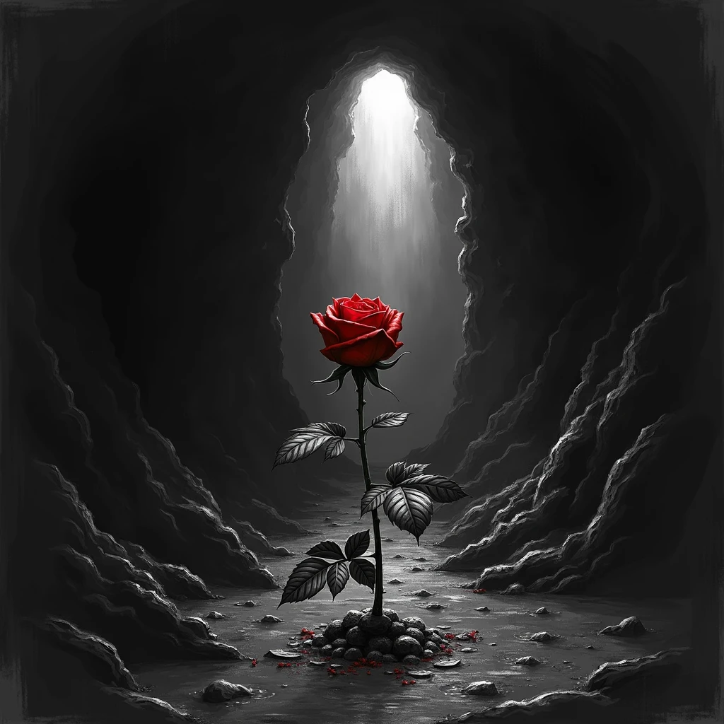 A whithering bloody rose-bud reaches towards the light,dark deep pit,There is only a glimmer of light at the far entrance of the cave, Black and white, sketch, close up
