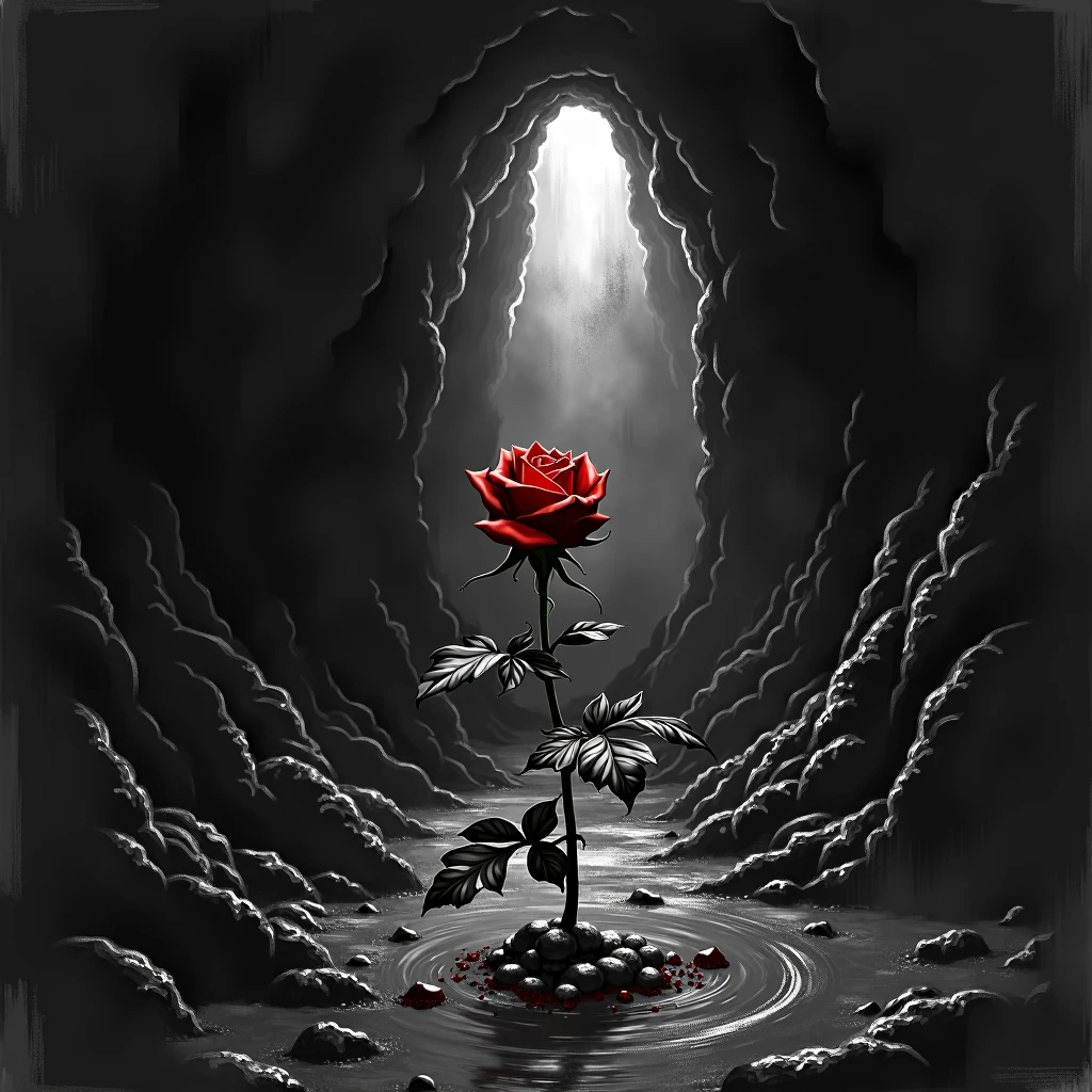A whithering bloody rose-bud reaches towards the light,dark deep pit,There is only a glimmer of light at the far entrance of the cave, Black and white, sketch, close up