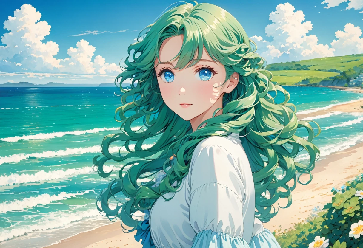Anime image of a girl. Long green hair. Blue eyes. Near the sea. Curly silky hair,