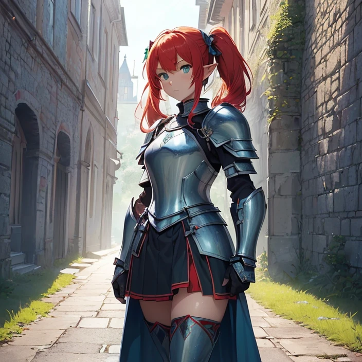 (masterpiece image), (very detailed image, (best high quality high definition image), (carefully detailed textures and pixels), (carefully detailed character and background), (alone character, solo), (HD), (High resolution), (Fantasy), (anime)
{{(1character: 1 red-haired elf girl knight:((fair skin), (green eyes), (red hair tied in two high-short-twintails with light-blue ribbons),(body full covered in heavy blue knight armor)),(standing brave and strong), (relaxed face), (willing to protect you and everyone), (serious)),((blue steel knight cuirass), (blue steel armor skirt), (blue heavy steel shoulder plates), (blue arms armor), (blue gauntlets), (blue neck armor), (blue steel knight long boots))),((holding a long light-blue halberd with her right hand)),((morning at the danish castle wall), (on patrol), (standing confident and strong))}}