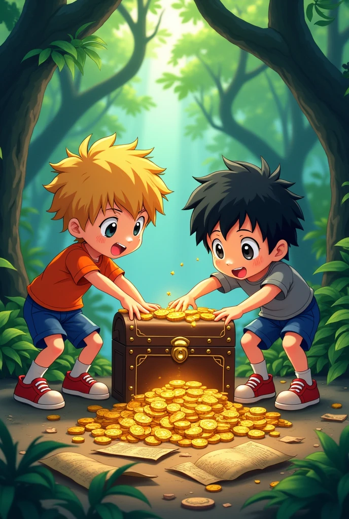 They pry open the chest to reveal glittering gold coins, jewelry, and old maps.in forest.Anime styles 1 boy have golden hair and one have black hairs the golden hair boy wear an orange t-shirt and blue shorts and the black hair boy wear a grey shirt and blue shorts and both wear red and white shoes