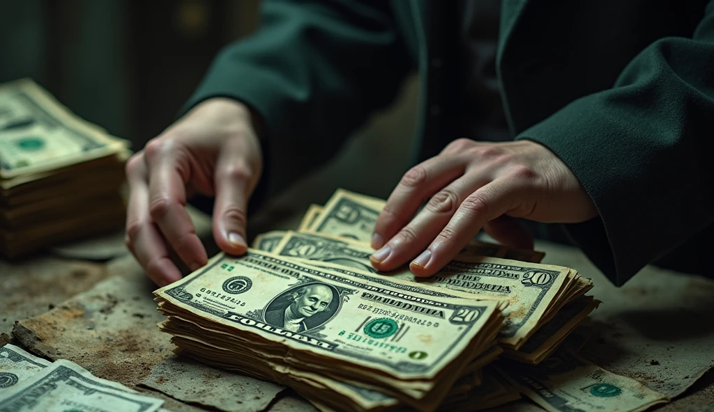 "Investigators closely examining stacks of 20-dollar bills, covered in dirt and decay."

