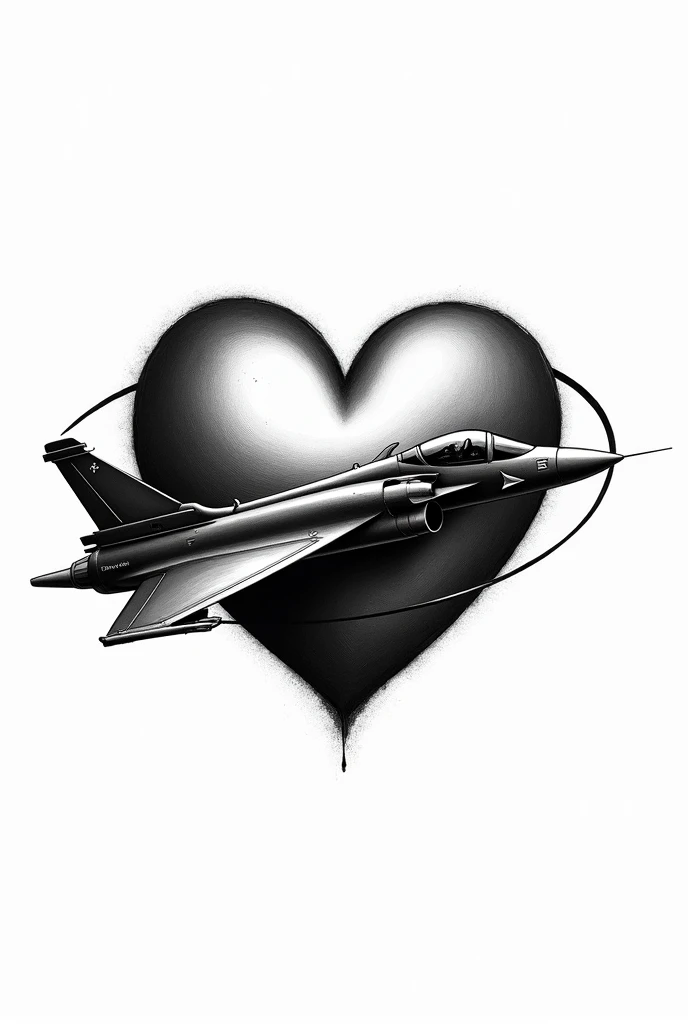 Design with only line white and black. A big heart and around the heart a rafale plane