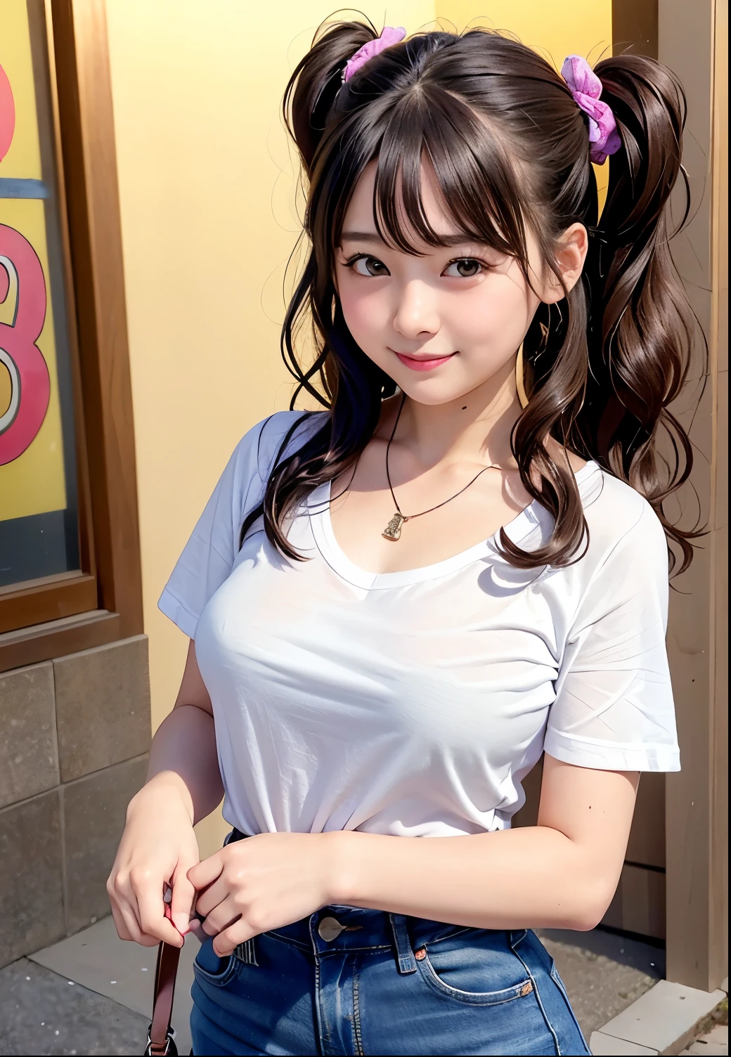 (Highest quality,masterpiece:1.3,Ultra-high resolution),(Very detailed、Caustics) (Realistic:1.4, RAW shooting、)Ultra-Realistic Capture、Very detailed、Natural skin texture、masterpiece、(A Japanese  wearing a Ringer T-shirt and jeans:1.3)、Adorable expression、Expressions of happiness、、height: 140cm、Baby Face、Pure、Amazingly  tail haire、Curly Hair、Scrunchie、necklace、Black Hair、Large Breasts、Shining thighs、Photo taken in front of a sex shop in the entertainment district、Night photography、smile、An inviting gaze、(Anatomically correct)、Cowboy Shot、Attention to detail、Bring your chest closer and emphasize、