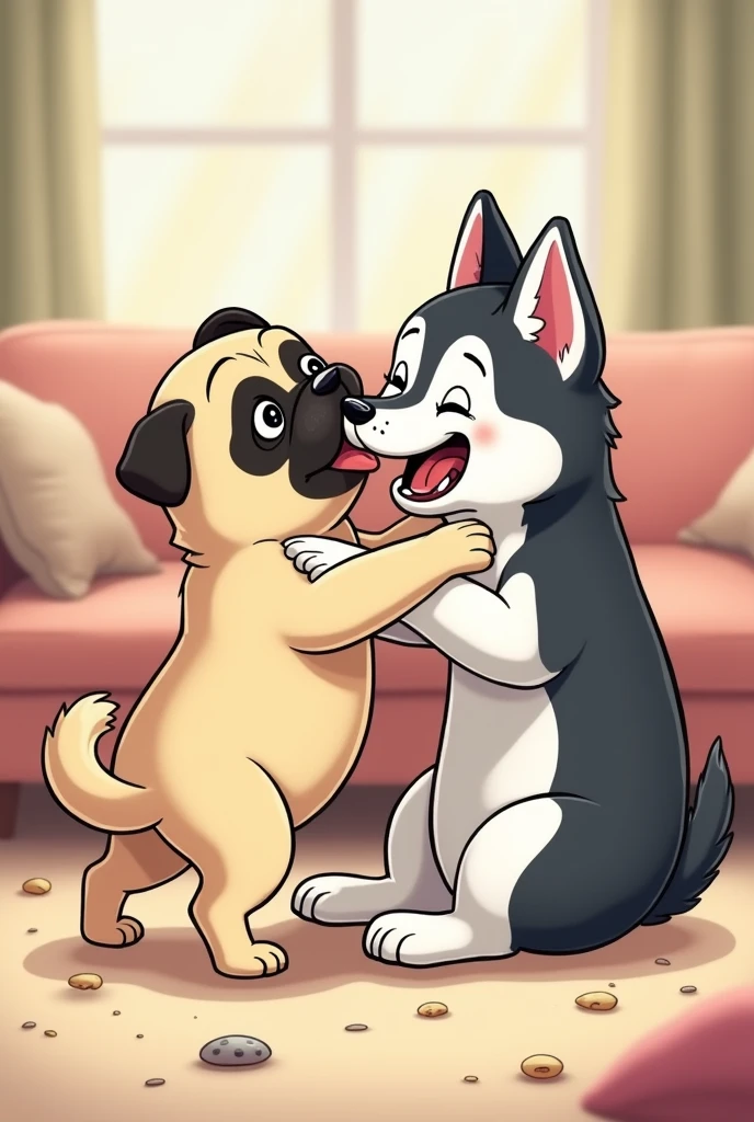 Create a more detailed cartoon drawing of a pug and a husky fighting lovingly