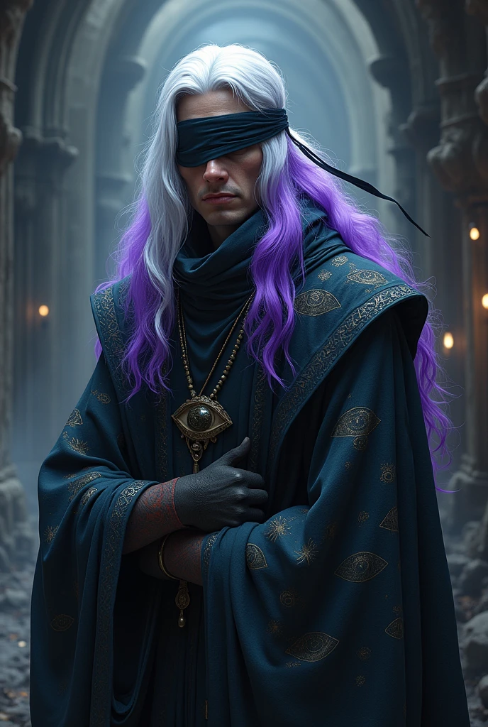 A male wizard with white hair and purple highlights with a blindfold covering his left eye and only the left eye. On his clothes there are drawing details with eyes.