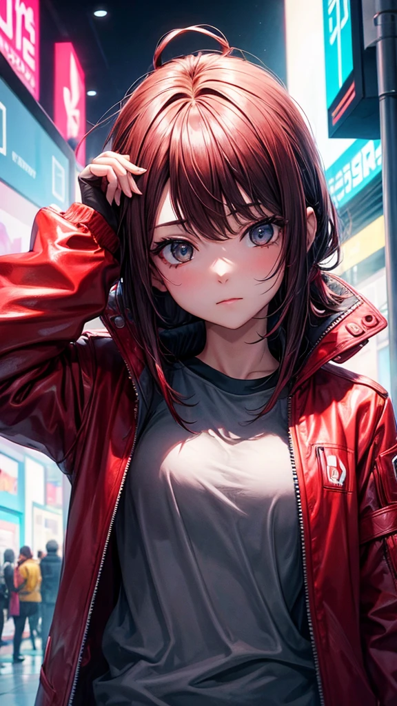 Girl leaning head on her boyfriend , cyberpunk, red jacket