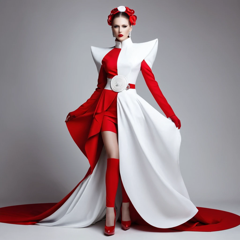 beautiful sexy woman, beautiful avant-garde style, full length , Beautiful white and red clothes , Accessories