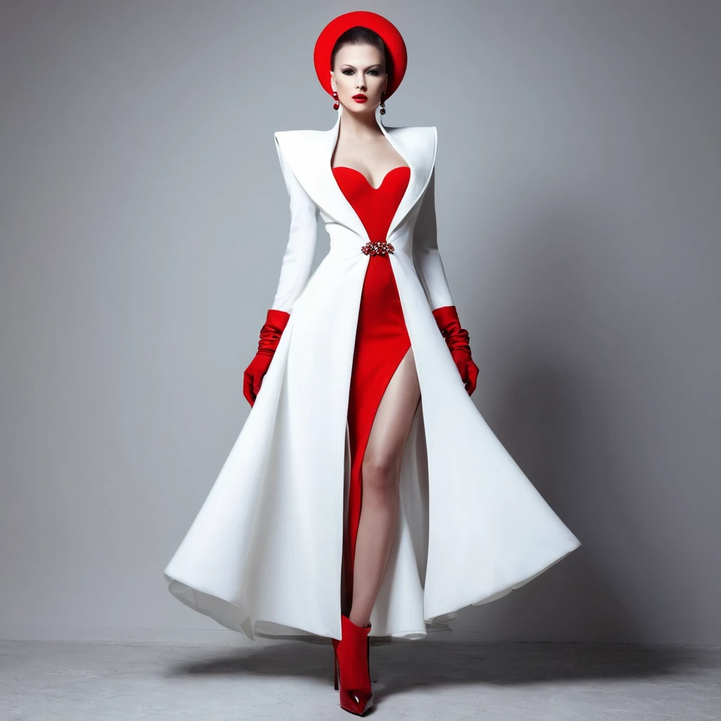 beautiful sexy woman, beautiful avant-garde style, full length , Beautiful white and red clothes , Accessories