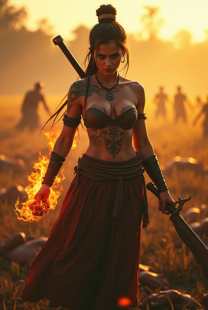 Realistic javanese girl with big boobs,Topless,dragon tatto at chest.right hand grab keris sword. Left hand grab fire. 8k. Background fieldrice with light of sun Bloods everywere Dead bodies. Angry face.