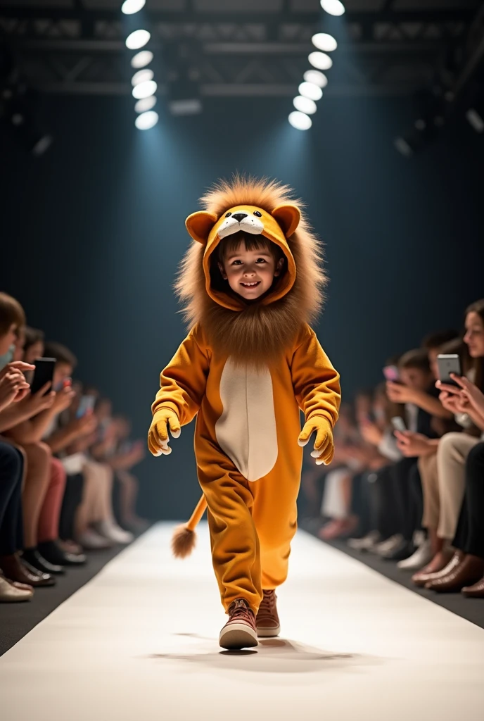 Create a realistic image of a , parading on a catwalk, people watching, some with cell phone in hand, with a creative lion costume, the child's face must appear, people watching, with cell phone in hand
