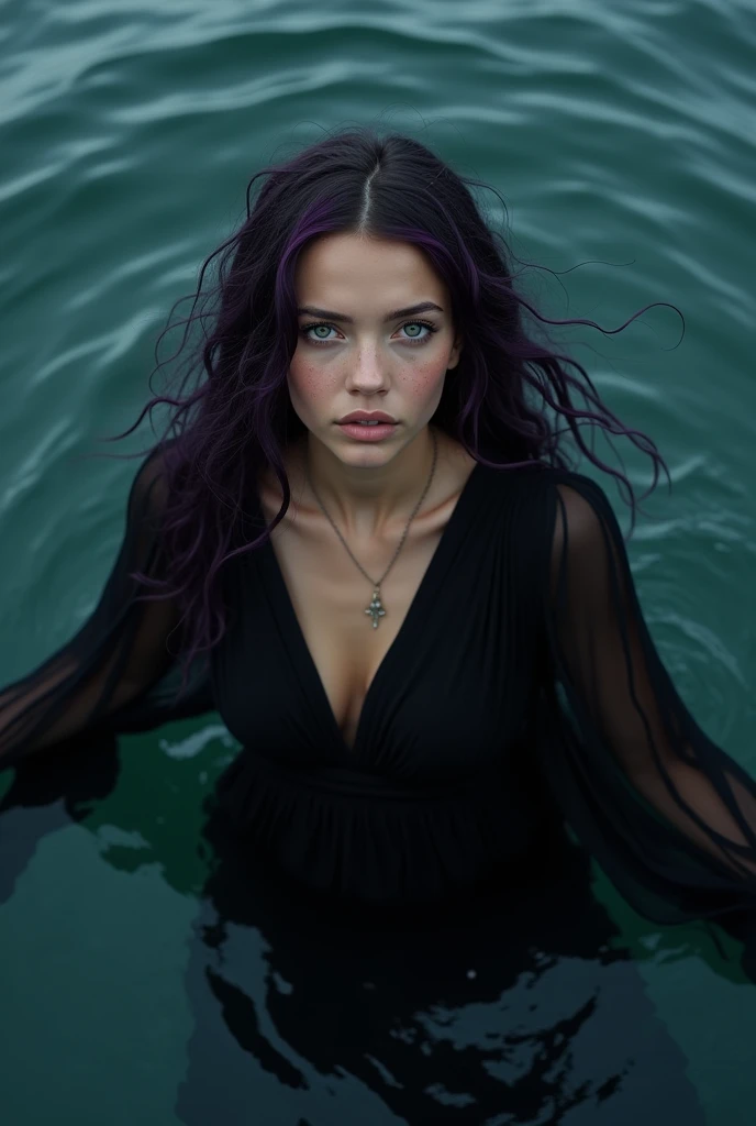 English woman 20 years old,skin fair,sparkling green eyes,dark purple hair,black greek dress goddess,coming out of the black sea,cinema image,品質,full body images,detailed,sobbing,make her with open arms,full body image,