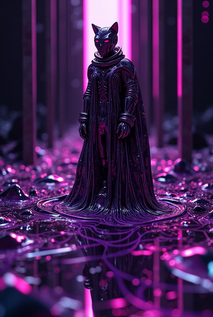 Prompts word "TECHNO ~ FUNK ~ MANDELÃO ~ JERSEY ~MIAMI BASS ~ POP" in Portuguese language in dark purple chrome color with black background, electronic melted appearance 