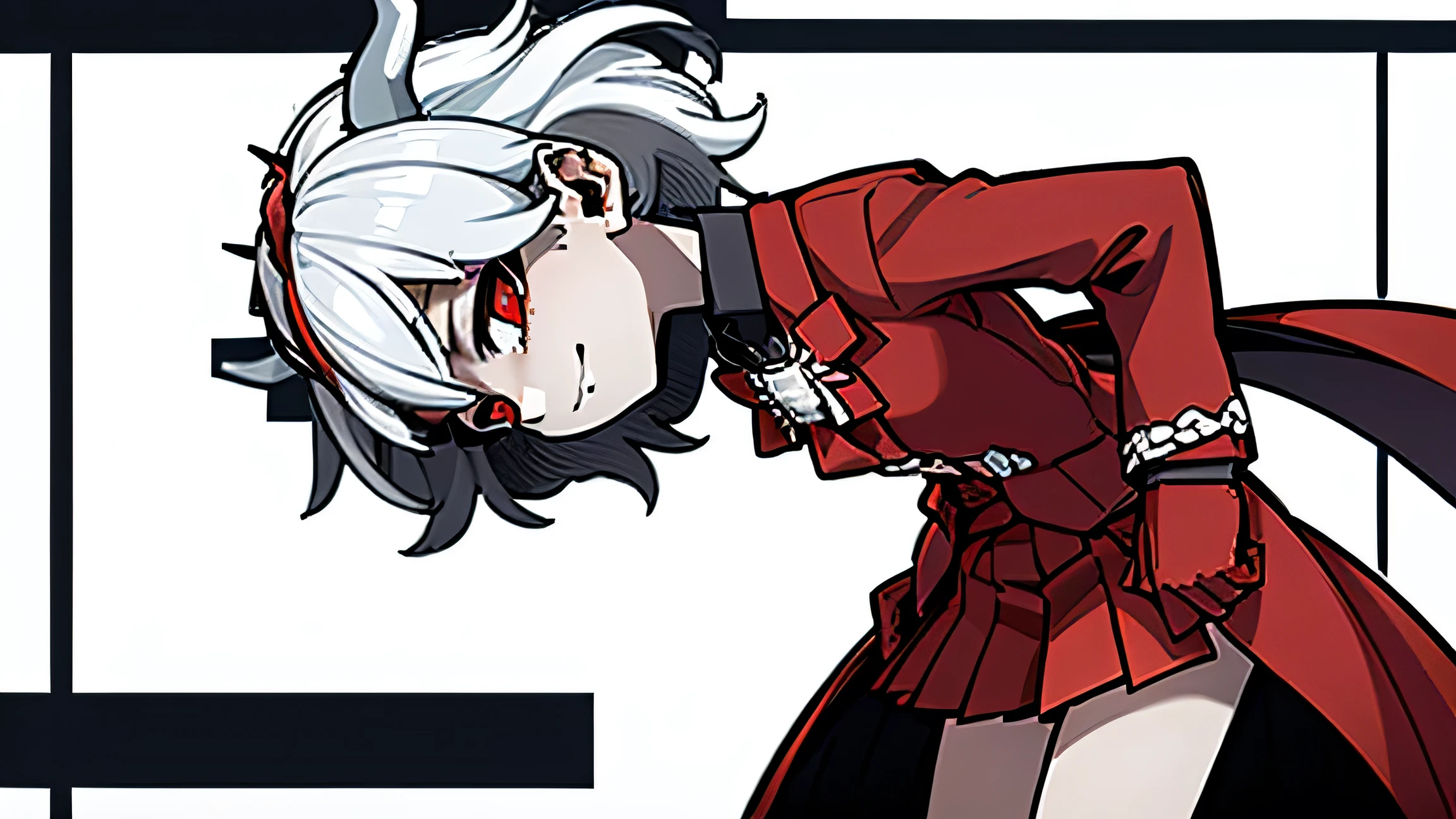 beelzebub(helltaker), red bowtie,1girl, looking at viewer, red eyes, demon horns, white hair, smile, earrings, closed mouth, demon girl, red gloves, gloves, jewelry, horns, white horns, solo, hair between eyes, cowboy shot, solo, short hair, school uniform, skirt, standing, leaning forward, arms behind back, smile, classroom