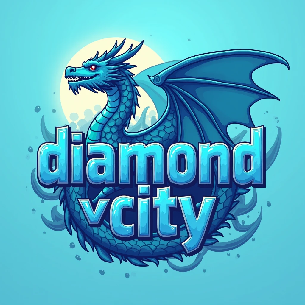 Logo with the word "Diamond  v City" It&#39;s big and uses a font that&#39;s similar to the introductory image. The image is lofi-style, with a sea blue main color and a blue anime dragon behind the text. 