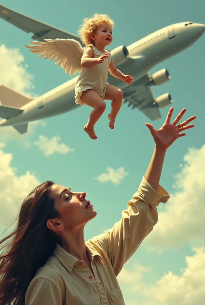 Brunette mother throwing up in the air, his dark blonde hair waved child.With angel wings
Make a great nose, really big one.In the mother
Make the mother's nose even bigger
Do not change at all the image, but the mother's nose do it smaller
Put 5 fingers in the mother's hand make greater distance. Between the mother, the child also make his nose small regular
Make the distance between the mother and the child about ten feet
Make the distance between the mother and the child huge A great distance.
Bigger than one airplane