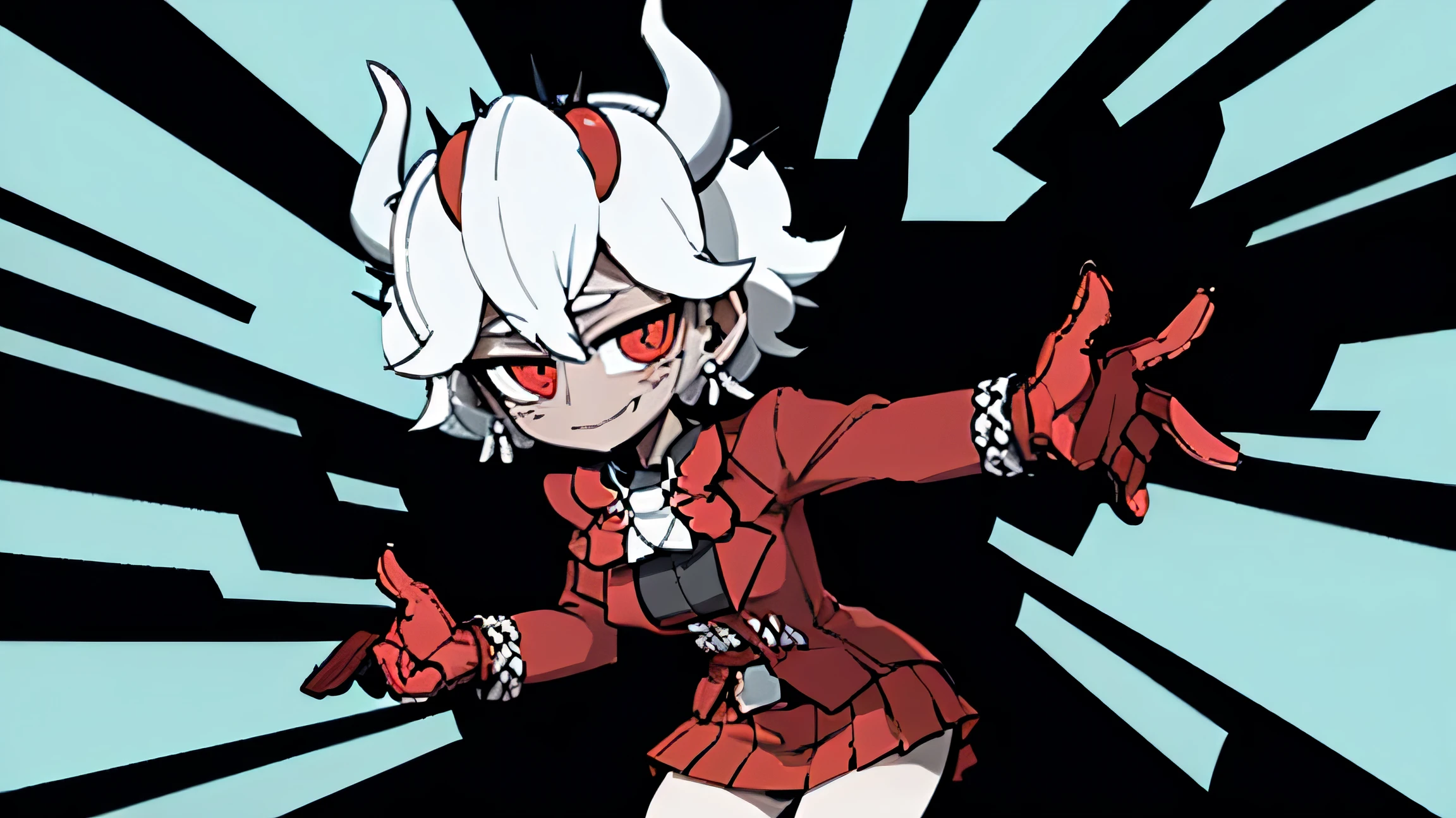 beelzebub(helltaker), red bowtie,1girl, looking at viewer, red eyes, demon horns, white hair, smile, earrings, closed mouth, demon girl, red gloves, gloves, jewelry, horns, white horns, solo, hair between eyes, cowboy shot, solo, short hair, school uniform, skirt, standing, leaning forward, arms behind back, smile, classroom