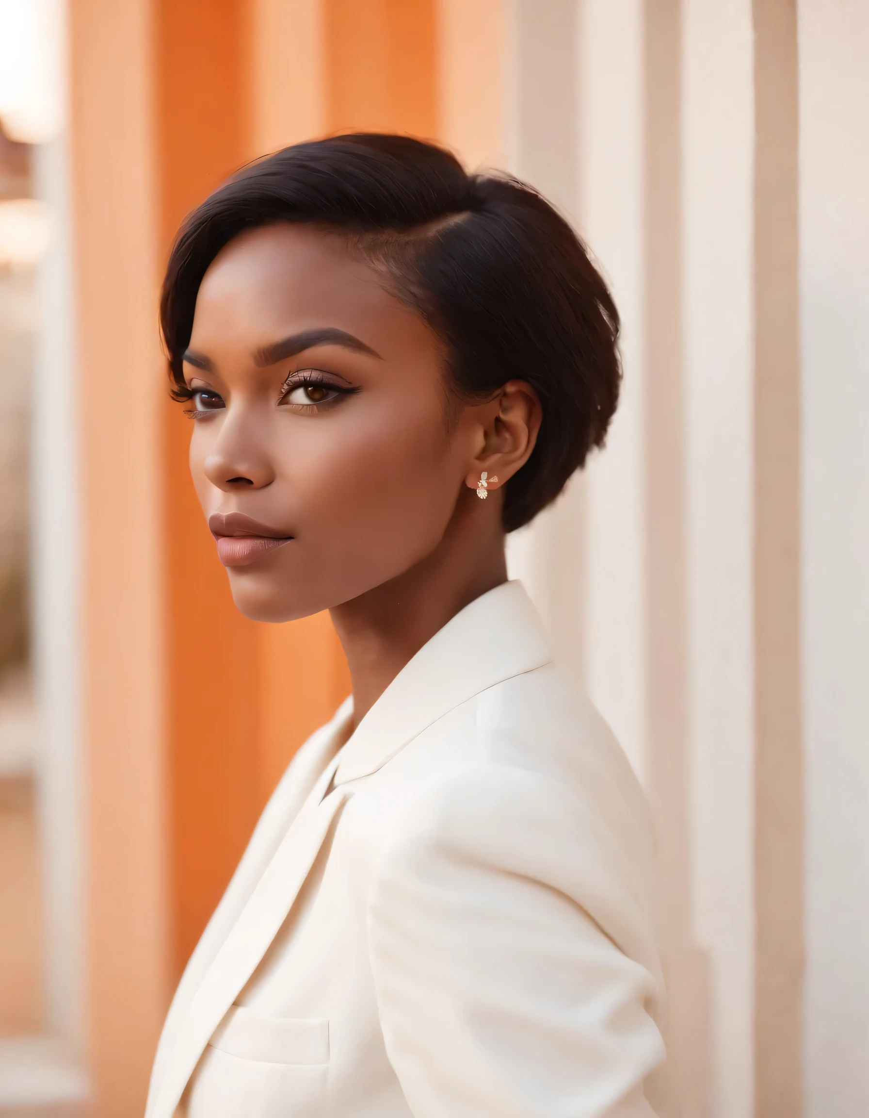 black woman with short hair, fashion model pose, wearing white designer suit, earrings and orange wall, solar lighting, half length shot, top quality photo