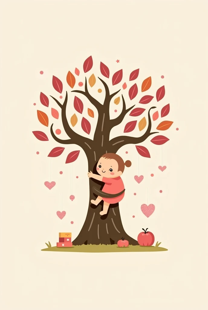 A logo featuring a tree with a stylized trunk that looks like a human figure hugging the tree, that it is a baby. The leaves of the tree are made up of colorful toys, like building blocks, puzzle pieces and balls, in soft and cheerful tones, including light pink. The trunk has a neutral color, like light gray or beige. The background is white or a soft color, with some subtle pink glitter details to add a magical touch. The design should convey a sense of growth, support, affection and a touch of magic as it is a logo for a psychologist