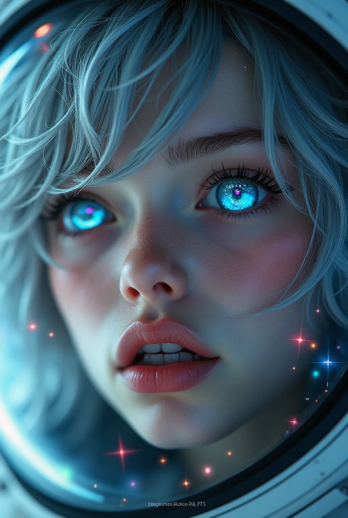 (Close-up of a better masterpiece: 1.5) 0.9], (Space and astronauts: 1.2) (Disheveled silver hair: 1.1) (Xanthochromia heterochromia and blue eyes: 1.2) (space helmet: 1.0) (colorful stars in the eyes: 1.0) (A radiant glow: 1.1) (thick lips: 0.9)