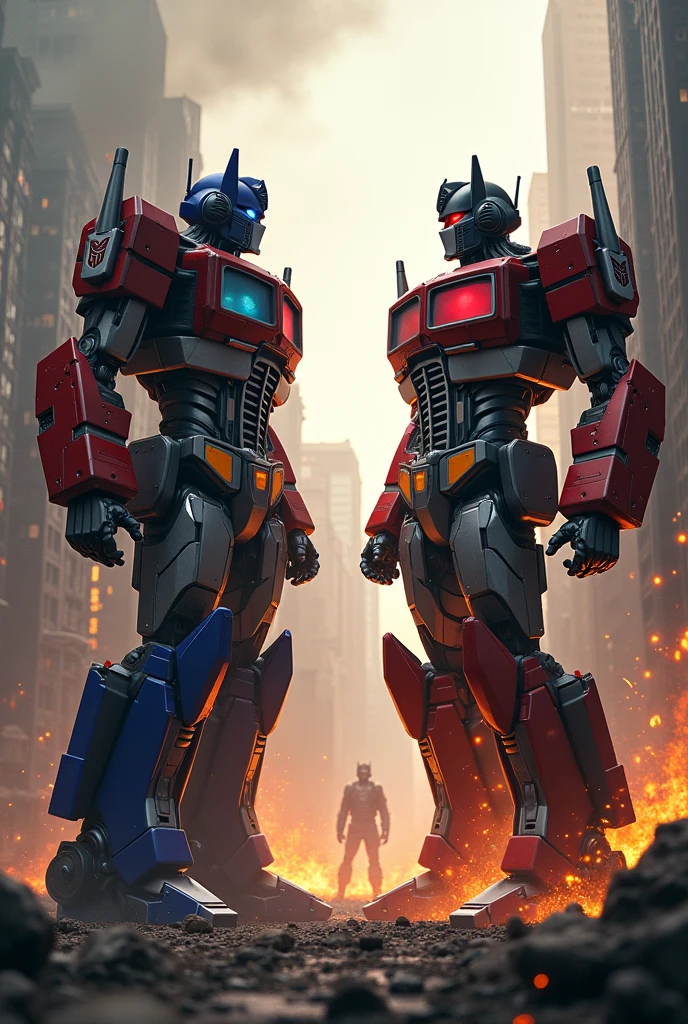 Optimus prime figthing megatron in a city burned