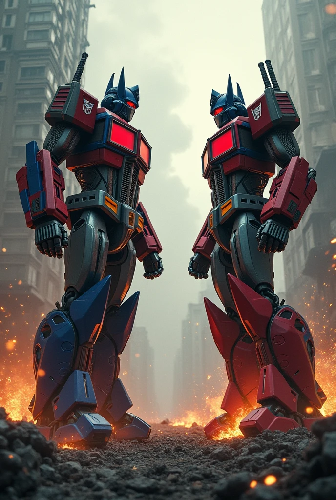 Optimus prime figthing megatron in a city burned