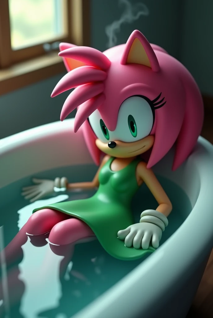 Amy rose in green dress lying in the bathtub up to his chest, relaxed and peaceful