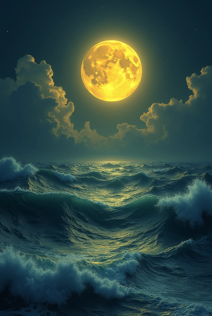 A sea with the reflection of the dark yellow moon with some clouds that reflect the light even more and the sea is raging 