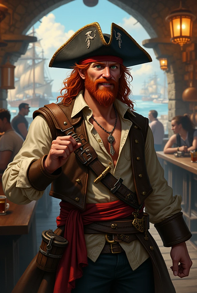 Create an image of a full human race pirate for D&D. A Pirate with Long Hair, curly and red, he has no beard and dark green eyes. He wears a black leather battered hat, wears a brown pirate trench coat, with a light shirt and a ruined vest underneath. In life he wears a red sash with a belt, above the belt two pirate sabres. He is drinking rum and laughing celebrating with other sailors in a pub with the largest pirate port in the world in the background.