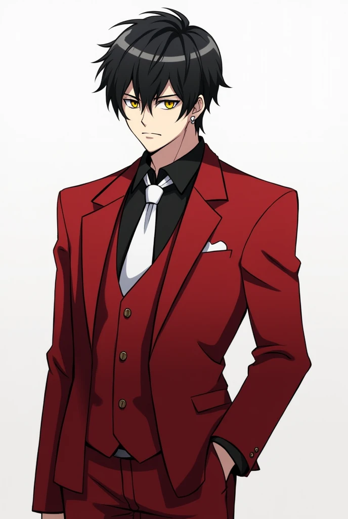 Create an anime style male character, com 30 anos, with a serious face, skin fair, has black hair, the iris of your eyes is yellow, and his clothes are a black dress shirt, red vest, white tie, red jacket, red pants, black dress shoes, very small silver earrings