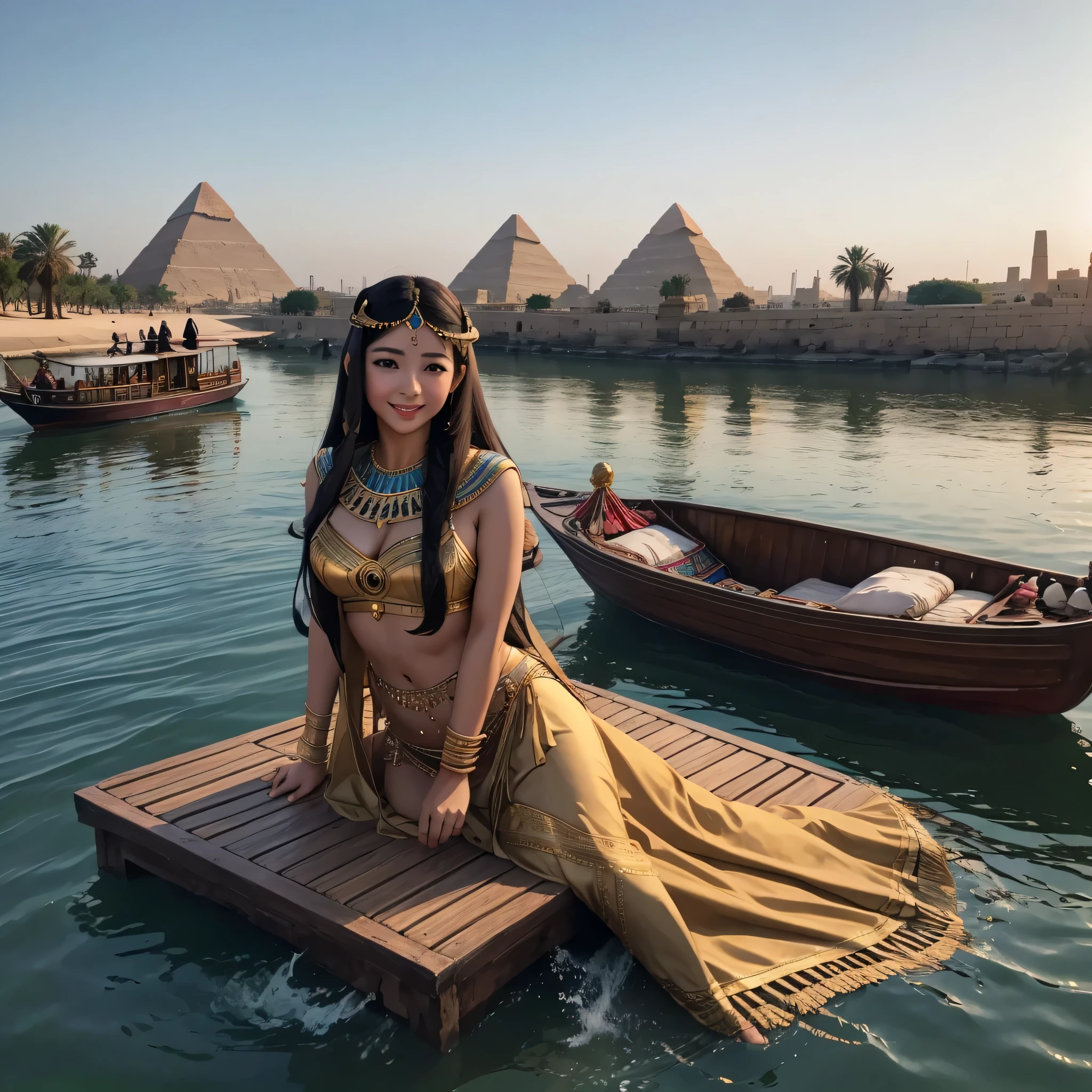 Summer Night in Egypt、On the banks of the Nile at Giza。
With her long brown hair fluttering、In imitation of Cleopatra、Belly dancing while laughing、Very glamorous2Japanese beauty girl。
On the Nile、Tourist boats and other boats come and go.、In the background you can see the Sphinx and the Great Pyramids.。
In the clear blue sky、Several waterfowl are flying。
On the screen、The main characters are beautiful girls、Please draw it as large as possible。