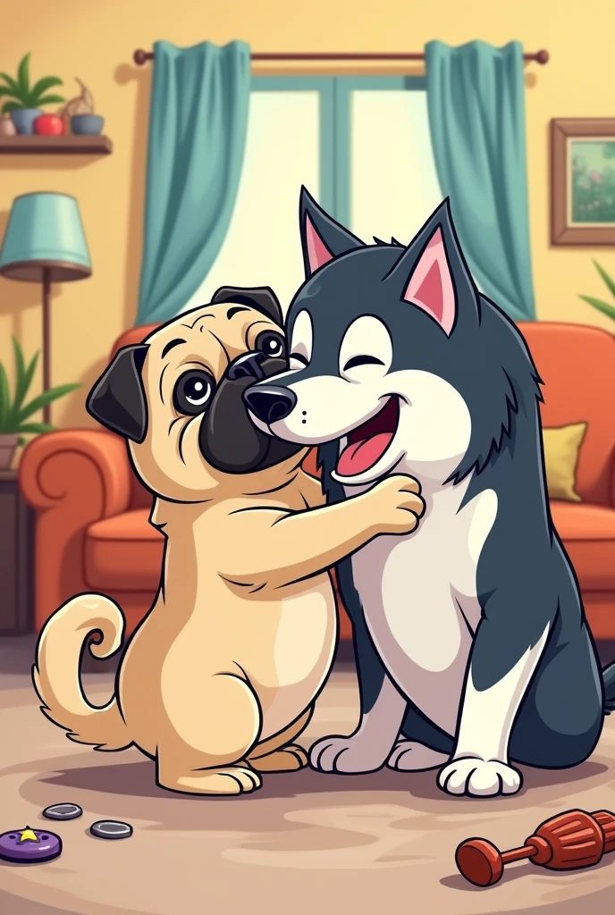 Create a detailed cartoon of a pug and a husky dog lovingly fighting 