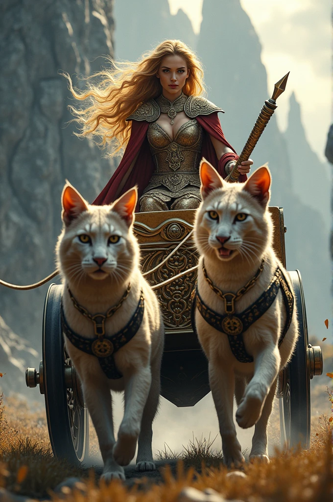 Norse goddess Freyja in her chariot pulled by two cats 