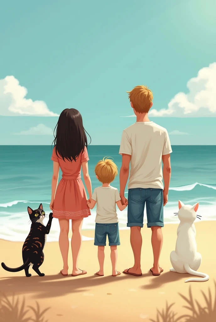 One with light brown hair stands in the middle, to the right a mom with black hair, to the left a dad with blonde hair. Next to the mother sits a black and white, brown tabby cat and next to the dad a white cat. All can be seen on the beach, but only from behind."