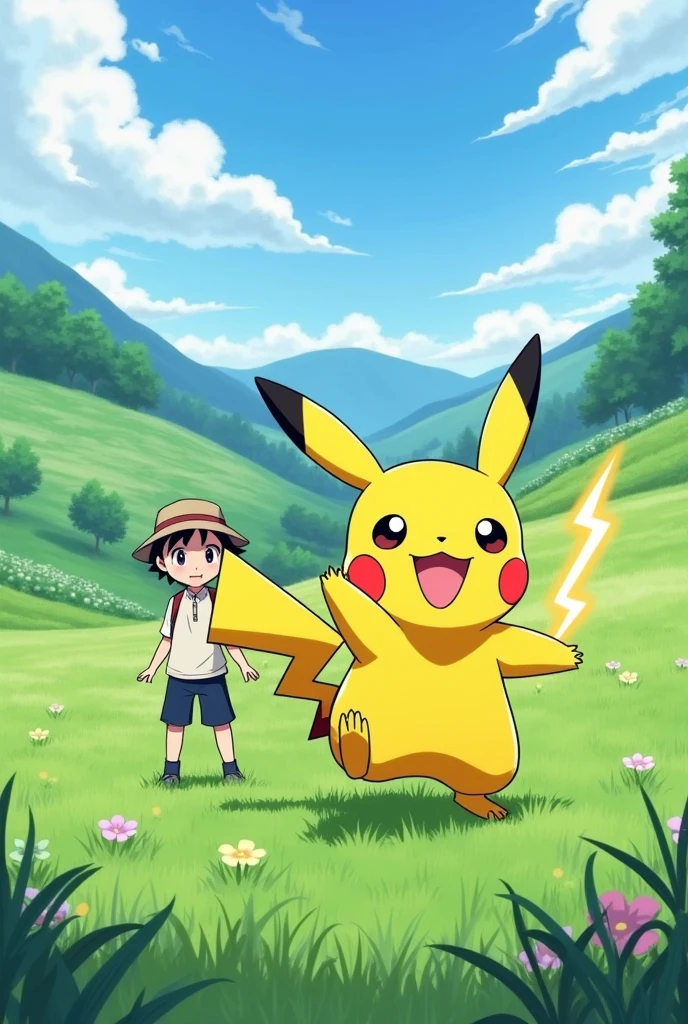 Anime, a Pikachu in a field next to a trainer