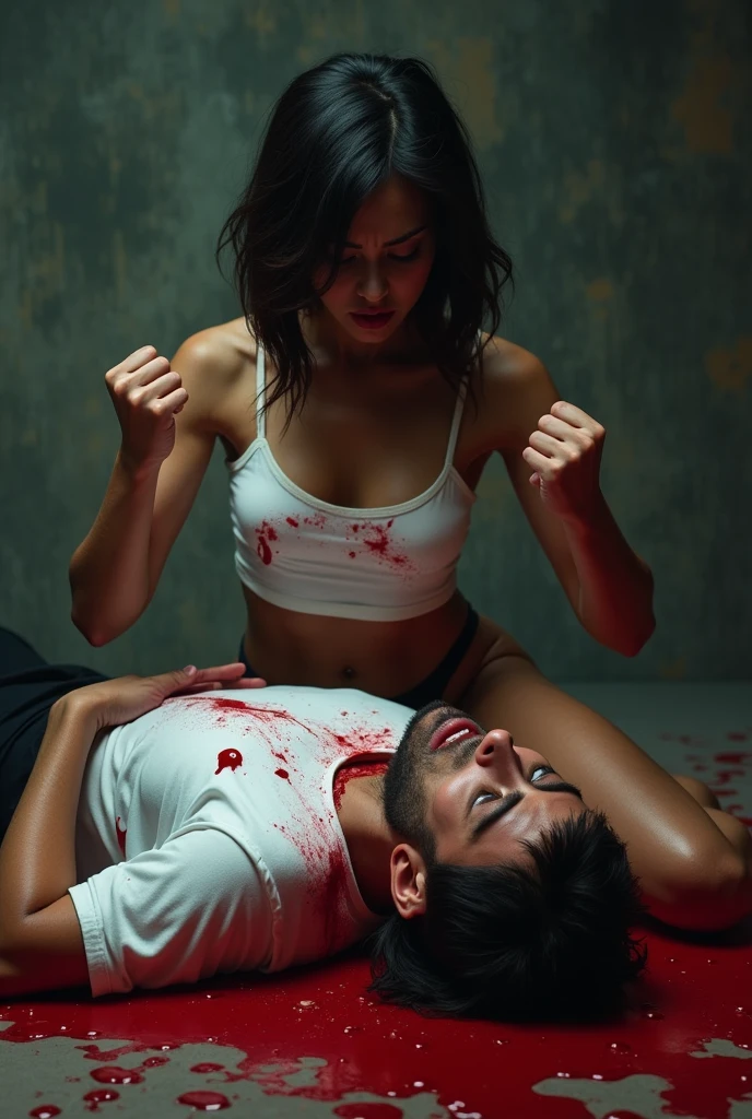 A girl is sitting on top of a man's chest, stabbing his heart. She's wearing a white crop top that has turned red because of blood.