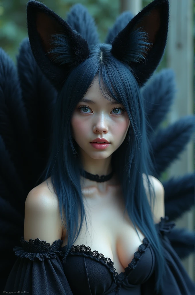photo d'une jeune femme de 20 ans, fair skin her long blue black hair cascading over her shoulders with two black fox ears surrounding a soft face with navy blue eyes filled with mischief little fangs protruding from her lips. elle porte des vêtement sexy en dentelle noir. several large black fox tails protrude from his back