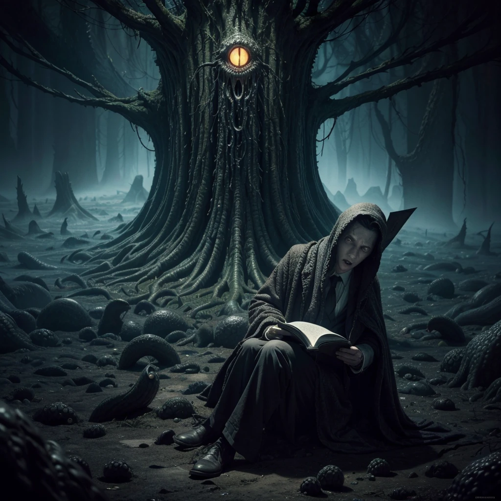 hp lovecraft scared reading on his knees the necronomicon in a nightmare landscape of the dark dimension of the dream where extraterrestrial beings from other dimensions live waiting to be released beings with grotesque and tentacled shapes with many eyes and mouths floating in space