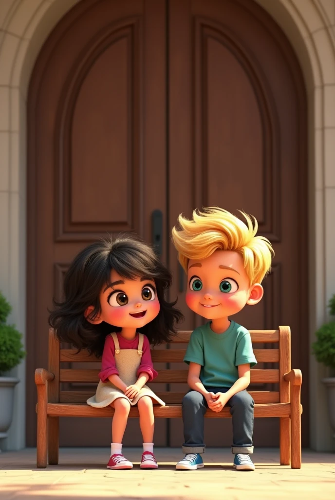 This is a photo of a young girl with almost curly black hair and Dora bangs and brown eyes sitting on a bench in front of a principal's office door at a university with a young man with blond hair and turquoise eyes.. The moment is memorable for the laughter. 2D pixar version