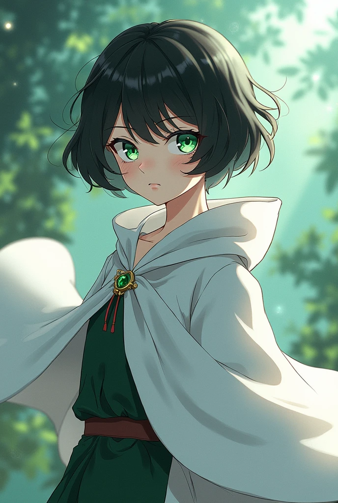 Kimestu NL Yaiba style female character with light skin , short black hair color , with green eyes and white cape