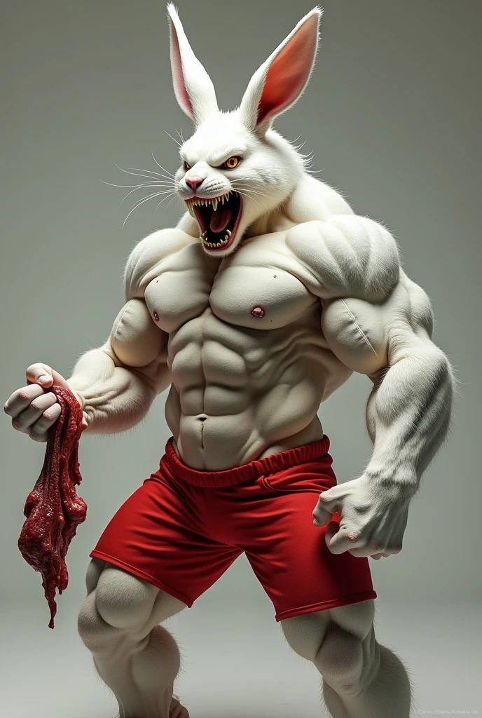 White rabbit muscular strong angry guy wearing red shorts eating alligator meat