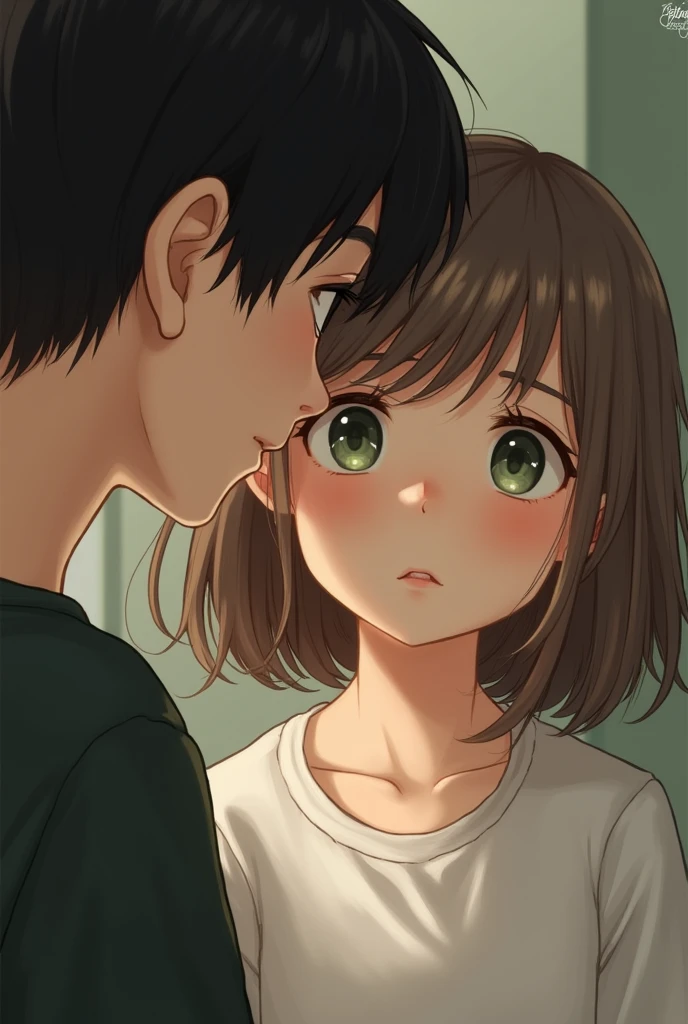 create a girl with light brown hair, green eyes and a mole under her eye being looked at by a boy with black hair, short and black eyes. 