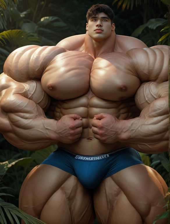 1boy, giant, asian, solo, giant bodybuilder, golden hour, strong body, bulk, large size, standing in any jungle, outdoor, nude, blue triangular underwear with enormous bulge, extraordinary big, brutalmass, giant muscular body, bulk, buff, massive body, large meaty body size, extremely wide body,  tallest body