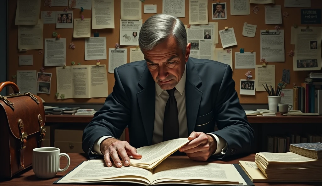 "An FBI agent reviewing a large case file on D.B. Cooper, with headlines and photos on a corkboard."