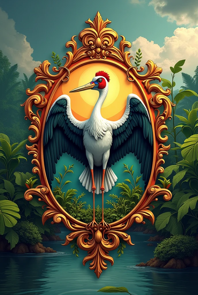 F1 coat of arms inspired by the tuiuiu bird and with a background inspired by the Pantanal