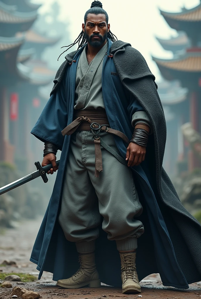 black male, brawny, Cao Cao, short dreadlocks hair, light blue jacket over pants, shiny black overcoat, Gray pants, light shoes, sword in hand.