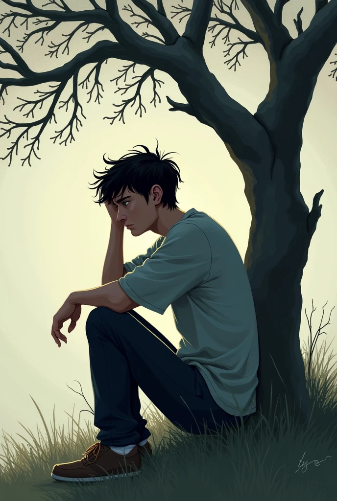 A sad young man sitting beside a tree and thinking about his love life problems, family problem, uncertain career, financial problems etc. Show his thoughts top of his head.