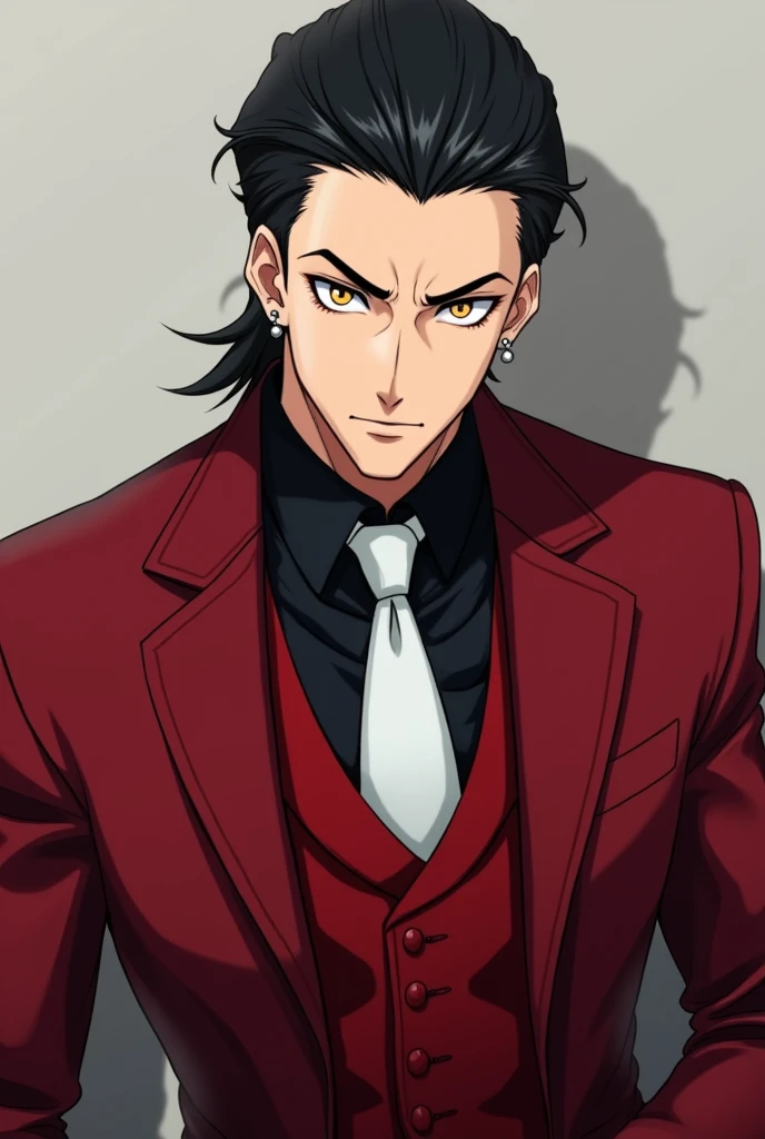 Create an anime style male character, com 30 anos, with a serious face, skin fair, has black hair slicked back, the iris of your eyes is yellow, and his clothes are a black dress shirt, red vest, white tie, red jacket, red pants, black dress shoes, very small silver earrings